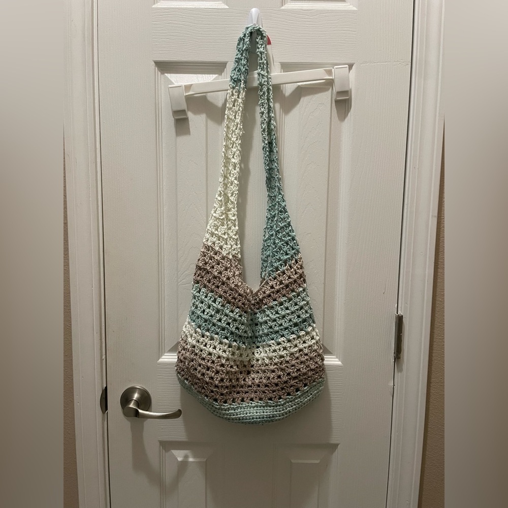 Bohemian Crochet Shoulder Bag in Cream, Tan, and Green